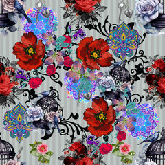 Red rose pattern with a bird print on fabric 