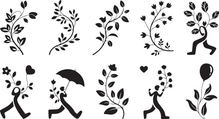 Ensemble of Black Silhouette Floral Branches and Human Figures with Nature Elements flower flowers