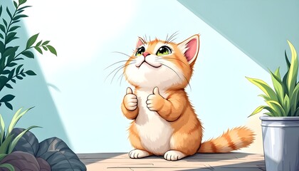 Illustration of adorable ginger cat rising thumbs-up, concept for pet care, animal emotion, and domestic lifestyle themes.