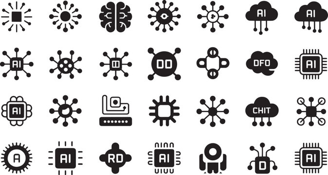 Collection of and technology icons representing artificial intelligence data and machine learning concepts perfect for digital design