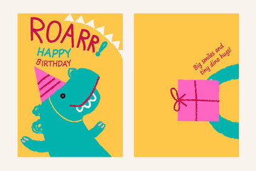 Greeting two sided birthday card with a smiling dinosaur in a party hat on the front and a cute gift illustration inside. Playful lettering and bold colors perfect for kid's project.