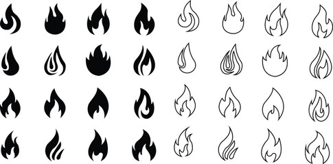 Fire icons set collection with flame symbols in gradient, black flat, and line style, burning heat blaze energy illustration group for safety warning hazard UI design and emergency graphics © Asia