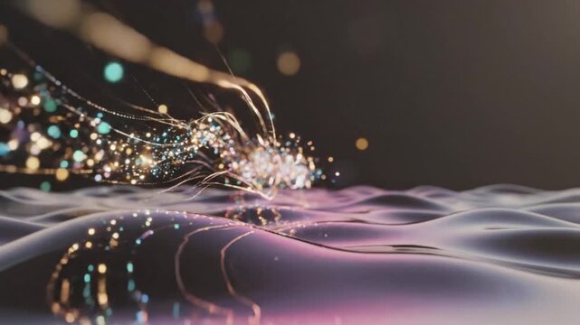 Abstract golden glowing particles flowing over purple liquid waves, magical 3d motion graphics background, futuristic energy stream with bokeh effect. Ai Generated