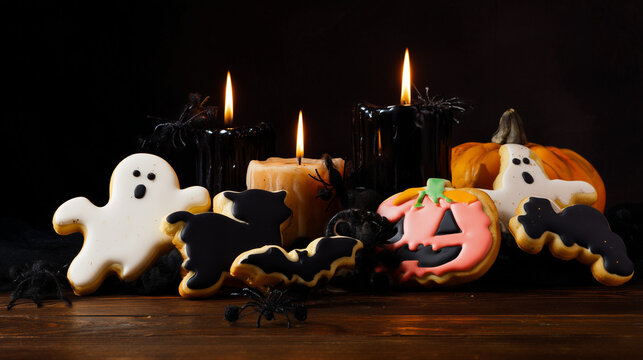 Halloween-themed cookies shaped like ghosts, bats, and pumpkins displayed with lit candles on a dark wooden table. - Powered by Adobe