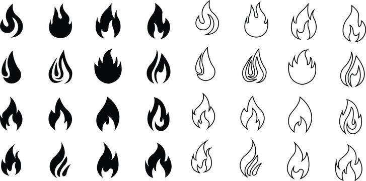 Fire icons set collection with flame symbols in gradient, black flat, and line style, burning heat blaze energy illustration group for safety warning hazard UI design and emergency graphics