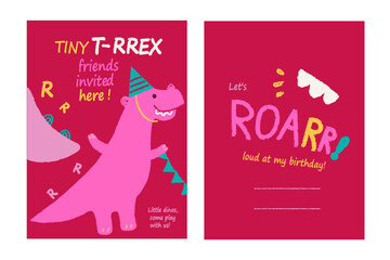 A two sided invitation card with a smiling dinosaur in a party hat on the front and cute lettering inside.. Cute and bright invitation for a birthday party and celebration. © Liusia Voloshka