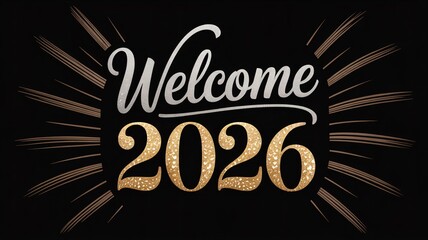 Welcome 2026 elegant script typography with gold glitter numbers and sunburst effect