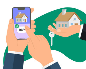 Buying house. Agent of real estate holding in hand house, key. Buyer, customer press the button BUY on phone. Deal sale and purchase of real, concept. Vector illustration. Money home.