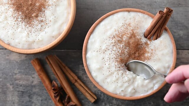 Eating rice pudding on wooden bowl on wooden table