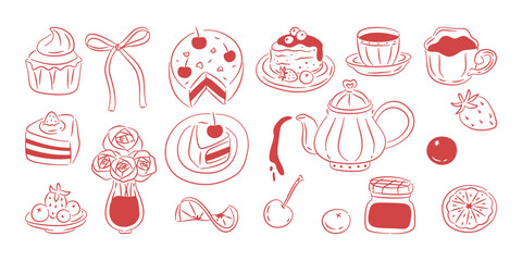 Hand-drawn red line art illustrations perfect for a high tea party, featuring cakes, sweets, a teapot, and flowers.