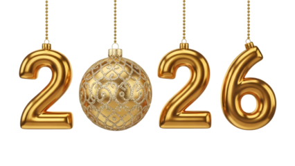 Golden balloons in the shape of 2026 with a gold christmas ornament isolated on transparent background
