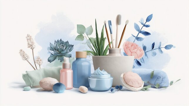 minimal lifestyle gentle pastel self-care items with airy floating arrangement and minimal composition, collection, Watercolor clipart, isolated on white background, clipart 
