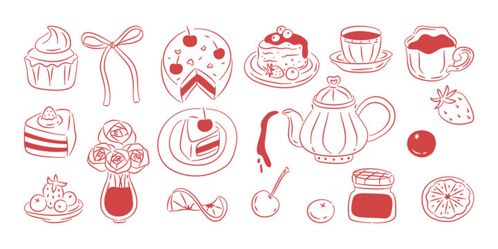 Hand-drawn red line art illustrations perfect for a high tea party, featuring cakes, sweets, a teapot, and flowers.