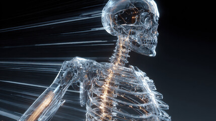 Crystal skeleton transparent bone light beam futuristic sci fi anatomy human spine reflective glowing
