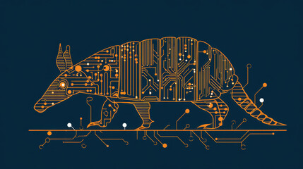 Armadillo circuit technology minimalist icon orange blue digital outline animal Silhouette of armadillo formed by circuit lines, minimalist and modern, evoking curiosity and innovation clean tech