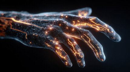 Futuristic hand cybernetic digital neural glowing network technology metallic abstract sci fi evokes wonder and intrigue as orange circuits trace anatomy across sleek synthetic surface