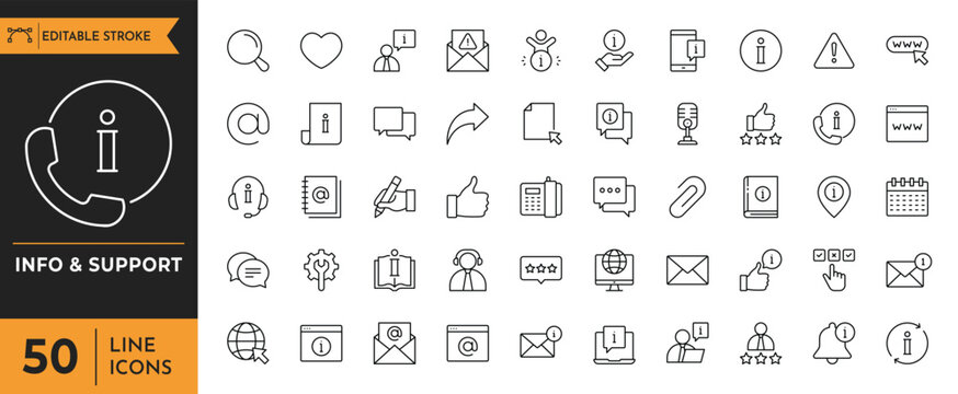 Info and Support icon set. Editable stroke. Vector illustration