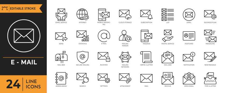 Email icon set. Editable stroke. Vector illustration