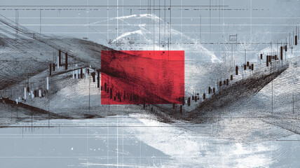 Abstract finance chart data visualization red block line graph candlestick trend volatility grid analytics innovation. Concept art shows fluctuating market with distorted lines and dynamic motion