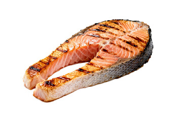 Grilled salmon steak with visible grill marks and pink flesh