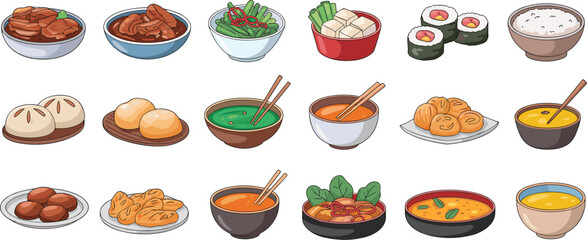 Assorted Asian Cuisine Dishes and Ingredients Illustration food