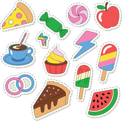 Assorted colorful food and lightning bolt stickers candy sweet
