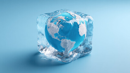 Ice cube earth globe frozen melting climate change global warming environment blue water anxiety meets hope as frozen globe melts inside clear ice cube blue background, symbol of fragile planet