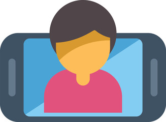 This vector illustration shows a young man appearing on a smartphone screen, participating in a video call