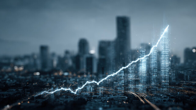 Rising line graph digital city skyline futuristic finance economic growth glowing data trend urban nightscape technology market analysis global economy investment outlook. Rising line graph arcs - Powered by Adobe