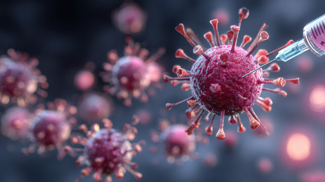 Red virus particle vaccine syringe medical concept immunization pandemic healthcare macro 3d render red floating - Powered by Adobe