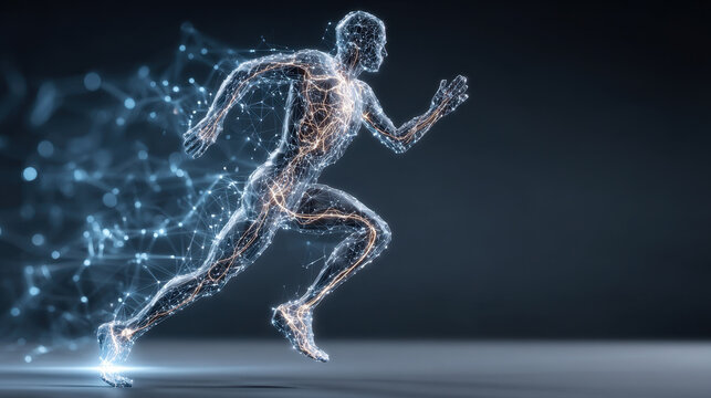 Cyber runner digital human motion speed energy network wireframe neon futuristic technology - Powered by Adobe