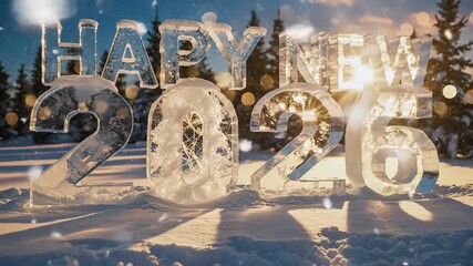 Frozen 2026 text on snowy landscape winter holiday concept