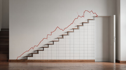 Red line graph broken trend cracked wall staircase white tile minimal interior concept art upward path risk volatility