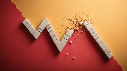 Zigzag line broken wall crack impact downturn decline recession risk crisis stress
