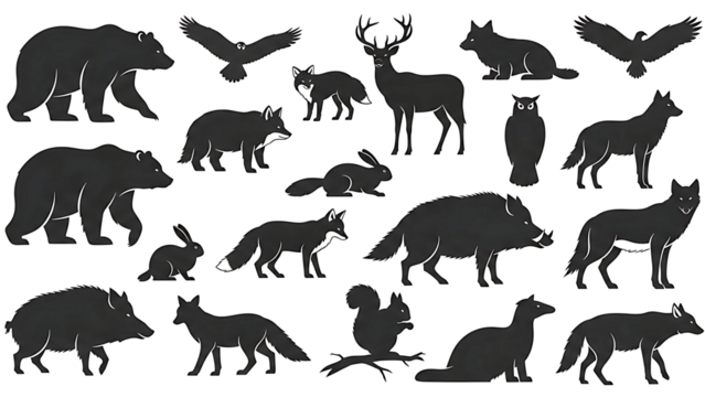 Collection of wild animal silhouettes isolated on transparent background - Powered by Adobe