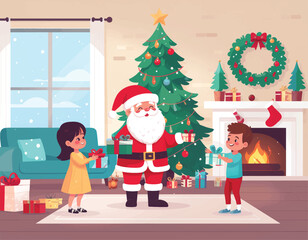 Naklejka premium Santa Gift Giving to Children Vector