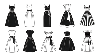 women dresses black silhouette set collection isolated on transparent background