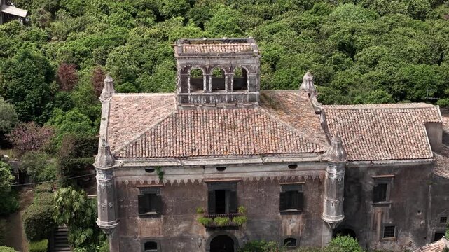 Medieval Stone Structure Of Castello degli Schiavi (Castle of the Slaves) Historic Sicilian Castle In Italy. Aerial Pullback Shot