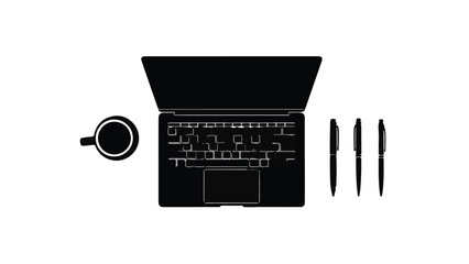 Modern workspace setup with laptop computer, coffee cup, and pens on white background, minimalistic office supplies illustration