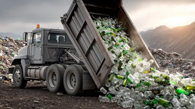 Truck unloading a large quantity of glass bottles at a recycling facility, showcasing the waste management process, with gradual camera zoom emphasizing the action and scene development