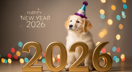 Adorable golden retriever puppy wearing a festive party hat celebrates the upcoming happy new year 2026 with large golden numerals and bokeh lights