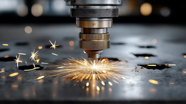 Laser cutting machine in action, creating sparks as it processes metal sheet, showcasing precision and technology, with a gradual zoom in on the cutting head and sparks flying