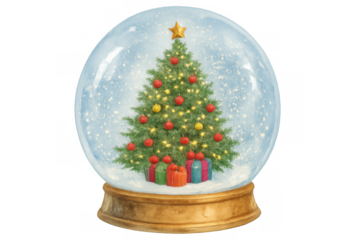 Christmas scene inside a snow globe with decorated tree, festive gifts, and falling snow, transparent background