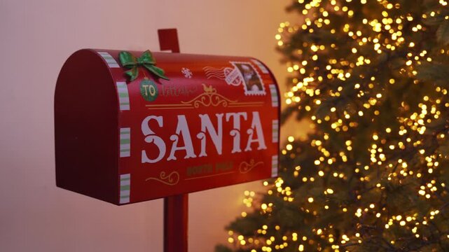 Red Santa Brievenbus Standing Next to Sparkling Christmas Tree with Lights and Ornaments