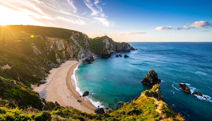 Panoramic view of a secluded beach at sunset