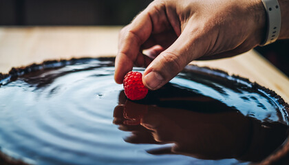 Hand placing a single raspberry on a glossy chocolate tart, minimalist close-up