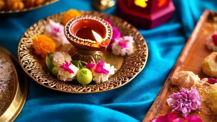 Elegant Diwali arrangement with Diya lamp, flowers, and sweets on ornate golden plate