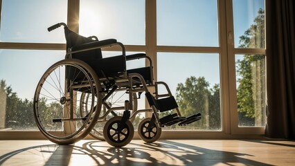 Wheelchair by window in sunlight, representing elderly and daily living assistance, providing comfort and support for those needing mobility aid. Concept elderly assistance in modern living spaces.