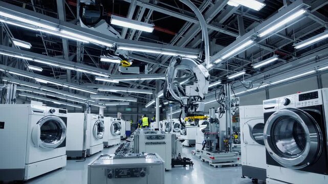 modern washing machine production line inside a large factory, rows of appliances assembled, bright industrial lighting, futuristic clean factory environment