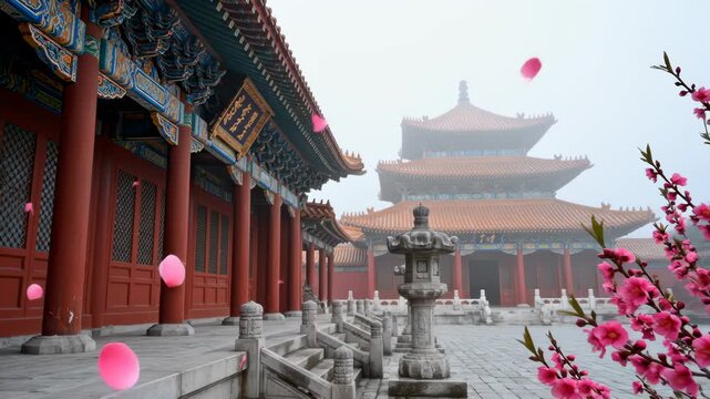 Peach Blossom Petals Fall Near a Beijing Temple in the Mist